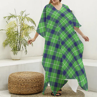 Green Blue And White Plaid Pattern Print Silk V-Neck Kaftan Dress