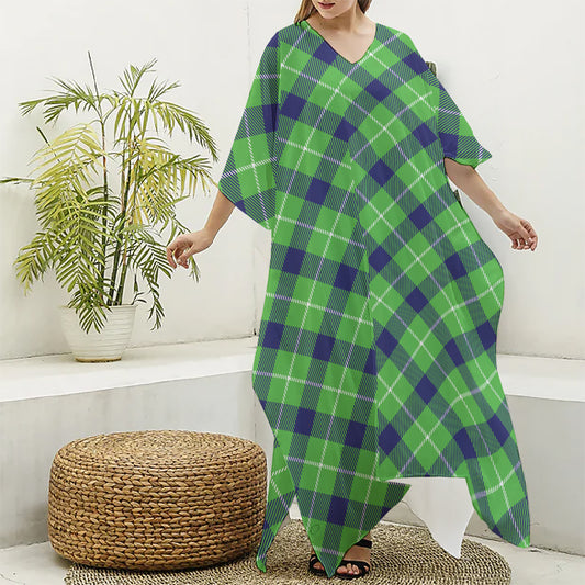 Green Blue And White Plaid Pattern Print Silk V-Neck Kaftan Dress