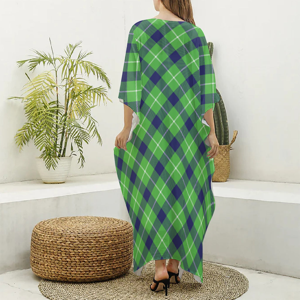 Green Blue And White Plaid Pattern Print Silk V-Neck Kaftan Dress