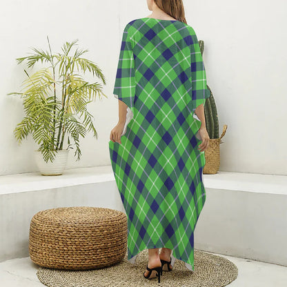 Green Blue And White Plaid Pattern Print Silk V-Neck Kaftan Dress