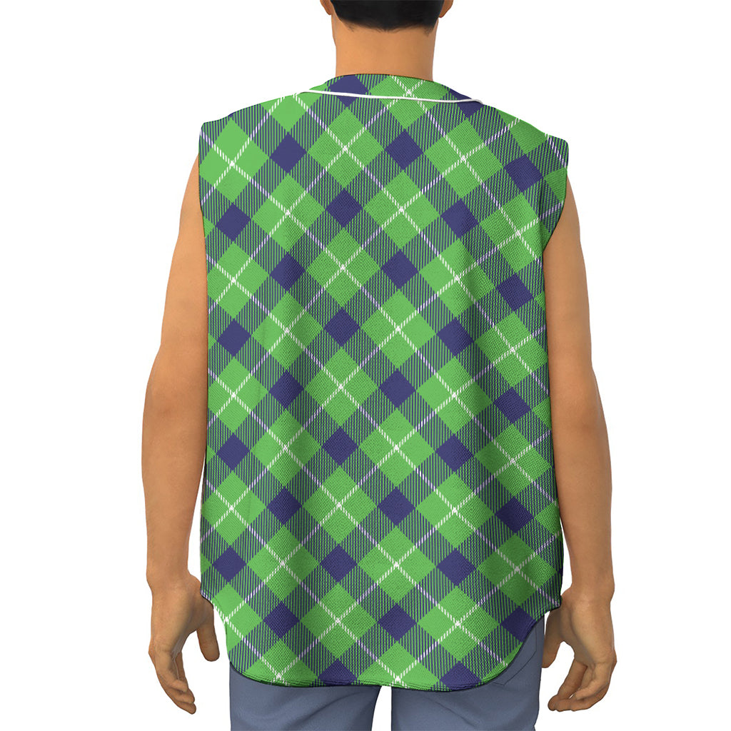 Green Blue And White Plaid Pattern Print Sleeveless Baseball Jersey