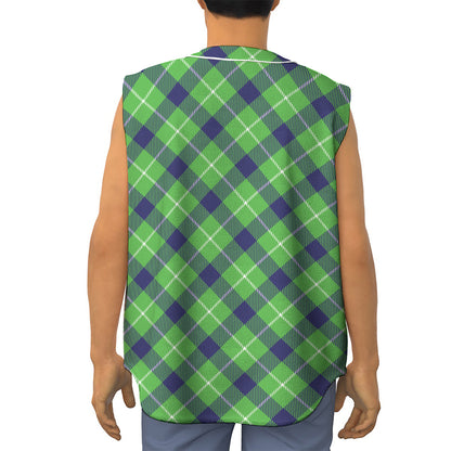 Green Blue And White Plaid Pattern Print Sleeveless Baseball Jersey