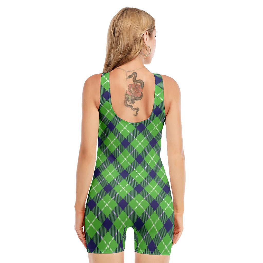 Green Blue And White Plaid Pattern Print Sleeveless One Piece Swimsuit