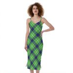 Green Blue And White Plaid Pattern Print Slim Fit Midi Cami Dress