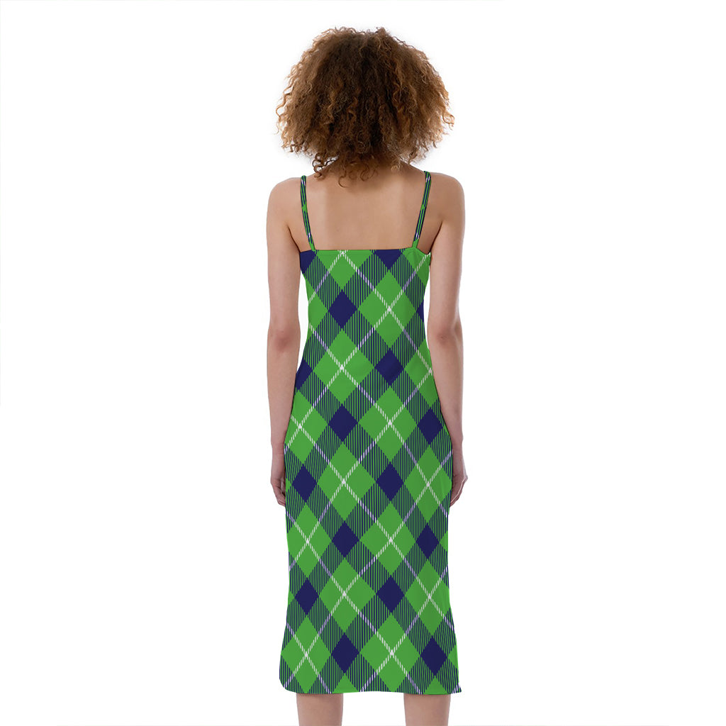 Green Blue And White Plaid Pattern Print Slim Fit Midi Cami Dress
