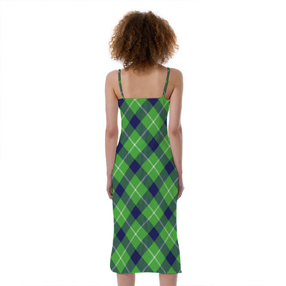Green Blue And White Plaid Pattern Print Slim Fit Midi Cami Dress