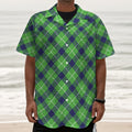 Green Blue And White Plaid Pattern Print Textured Short Sleeve Shirt