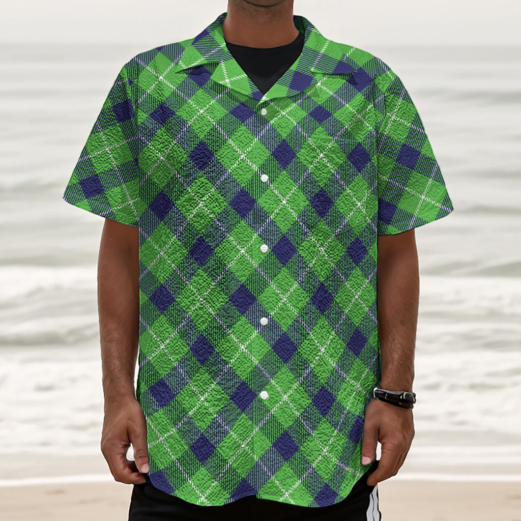 Green Blue And White Plaid Pattern Print Textured Short Sleeve Shirt