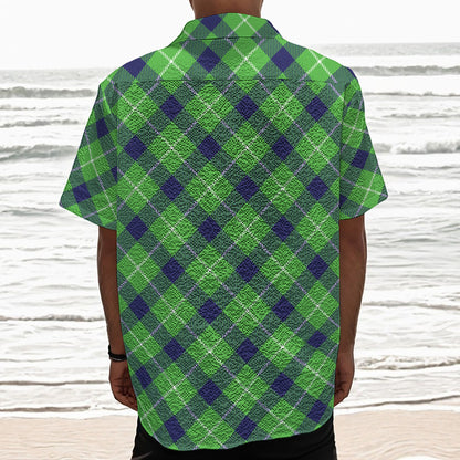 Green Blue And White Plaid Pattern Print Textured Short Sleeve Shirt