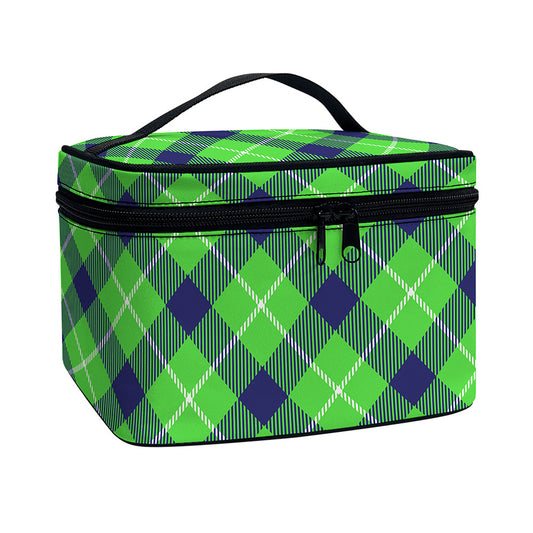 Green Blue And White Plaid Pattern Print Travel Makeup Bag