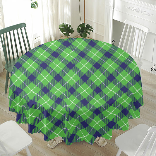 Green Blue And White Plaid Pattern Print Waterproof Round Tablecloth