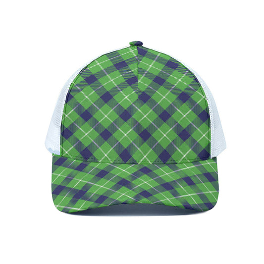 Green Blue And White Plaid Pattern Print White Mesh Trucker Cap