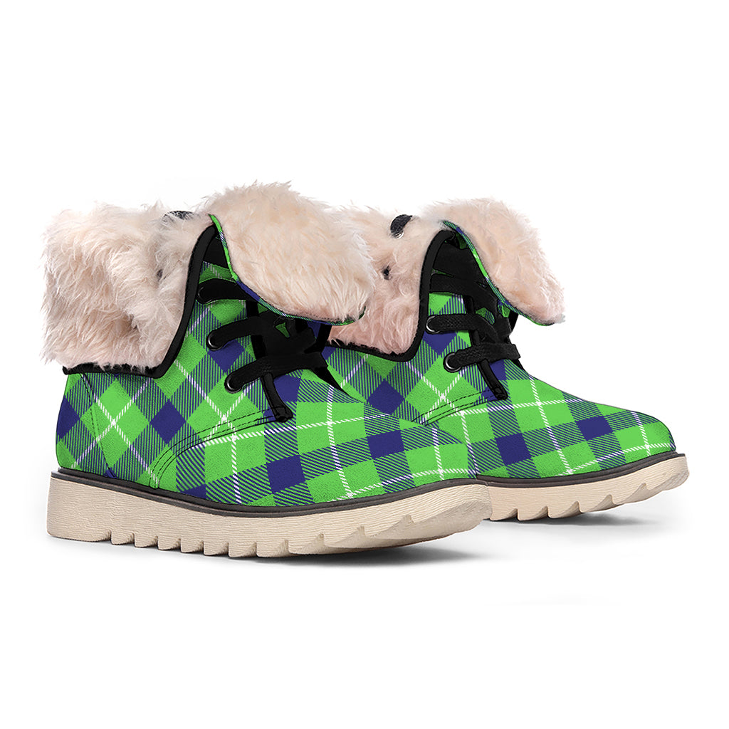 Green Blue And White Plaid Pattern Print Winter Boots