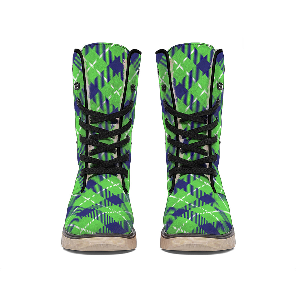 Green Blue And White Plaid Pattern Print Winter Boots