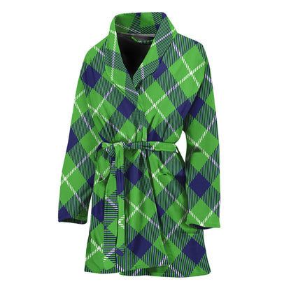 Green Blue And White Plaid Pattern Print Women's Bathrobe