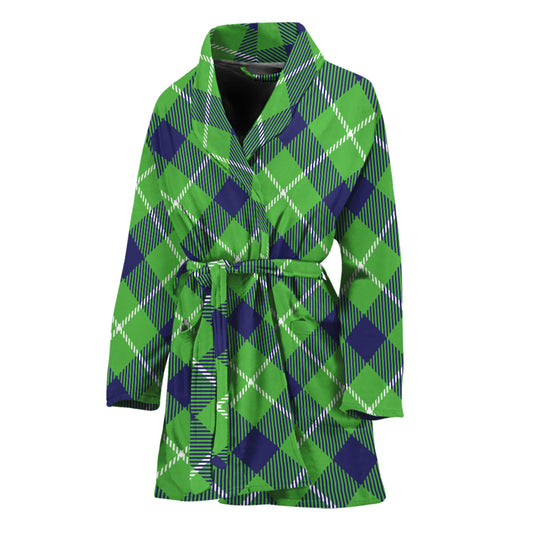 Green Blue And White Plaid Pattern Print Women's Bathrobe