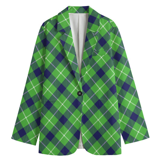 Green Blue And White Plaid Pattern Print Women's Blazer
