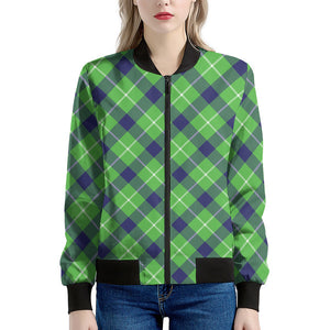 Green Blue And White Plaid Pattern Print Women's Bomber Jacket