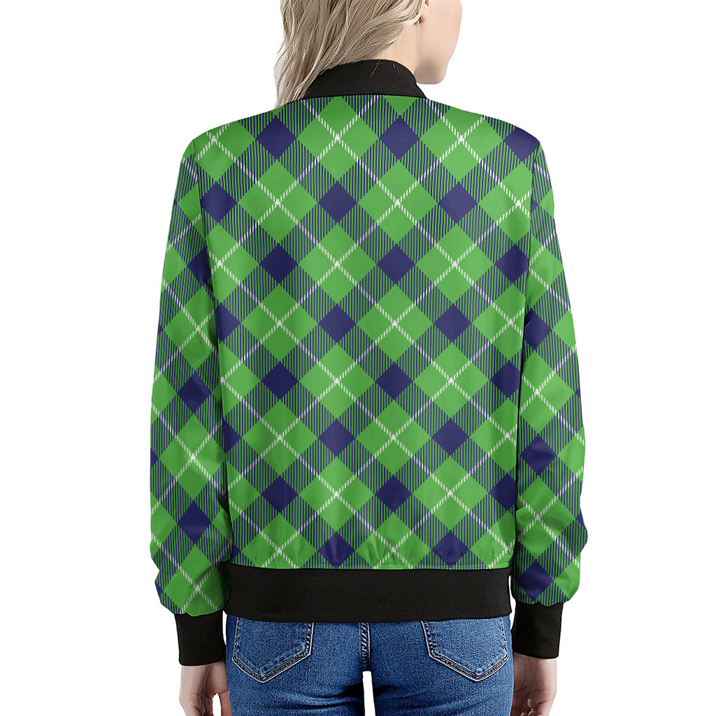 Green Blue And White Plaid Pattern Print Women's Bomber Jacket