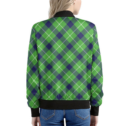 Green Blue And White Plaid Pattern Print Women's Bomber Jacket