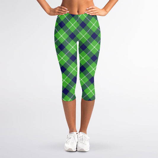 Green Blue And White Plaid Pattern Print Women's Capri Leggings