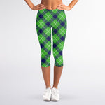 Green Blue And White Plaid Pattern Print Women's Capri Leggings