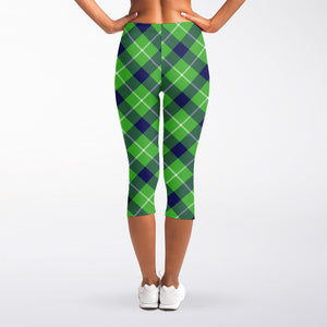 Green Blue And White Plaid Pattern Print Women's Capri Leggings