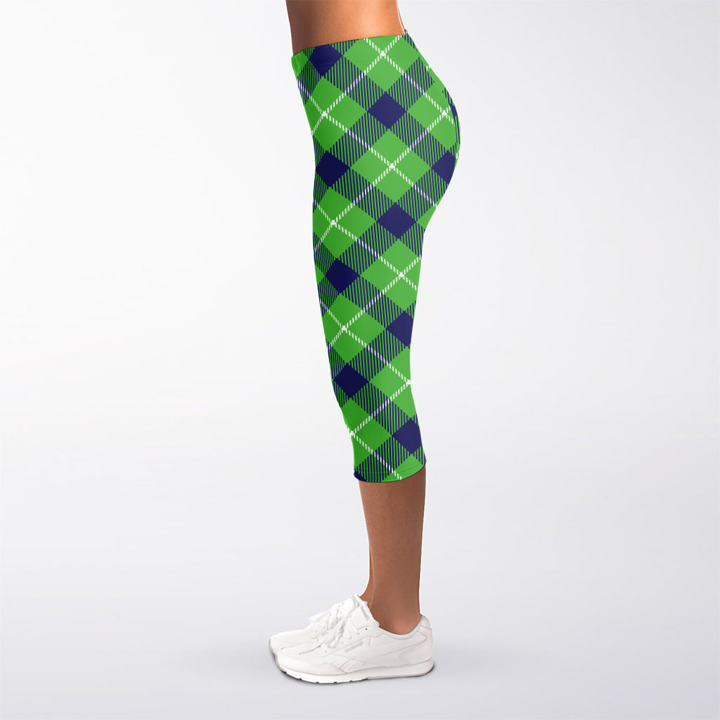 Green Blue And White Plaid Pattern Print Women's Capri Leggings