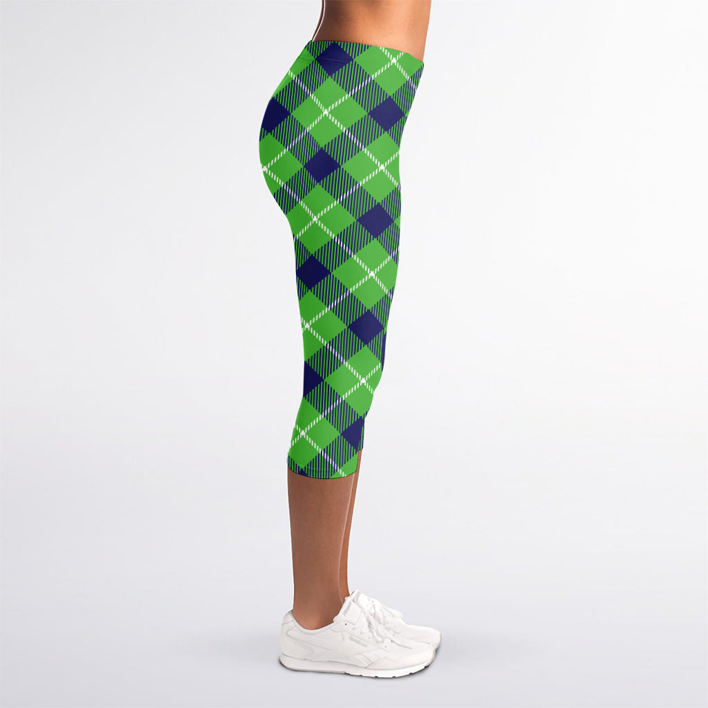 Green Blue And White Plaid Pattern Print Women's Capri Leggings