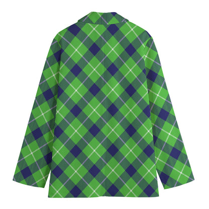 Green Blue And White Plaid Pattern Print Women's Cotton Blazer