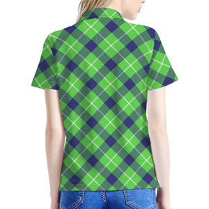 Green Blue And White Plaid Pattern Print Women's Polo Shirt
