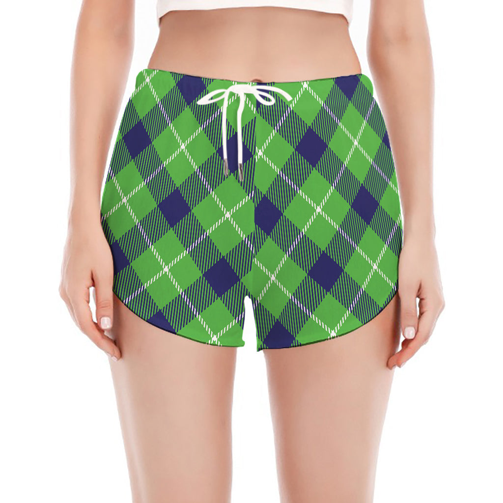 Green Blue And White Plaid Pattern Print Women's Split Running Shorts
