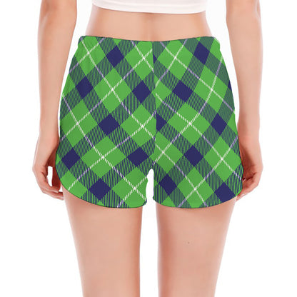 Green Blue And White Plaid Pattern Print Women's Split Running Shorts