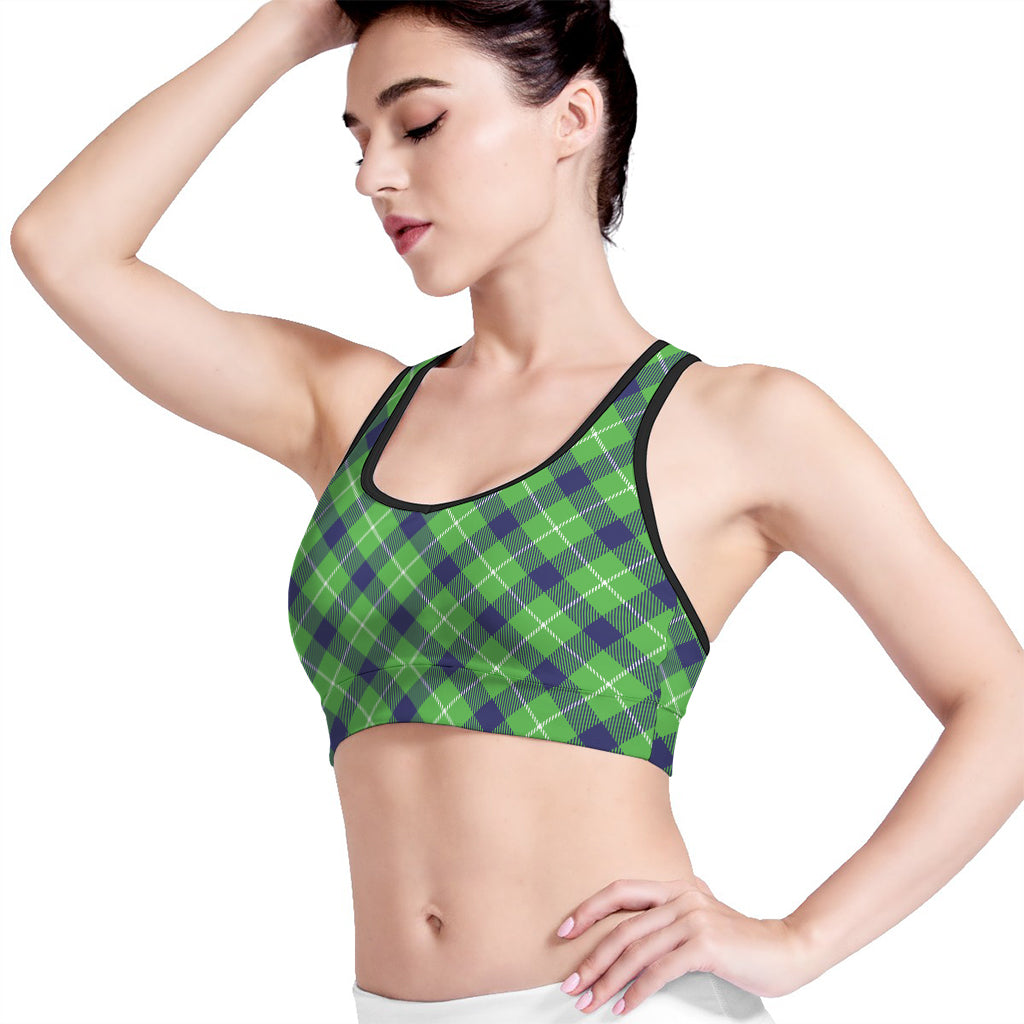 Green Blue And White Plaid Pattern Print Women's Sports Bra