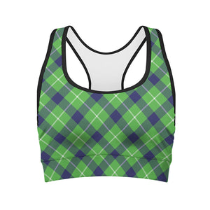 Green Blue And White Plaid Pattern Print Women's Sports Bra