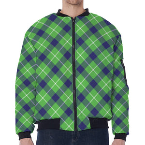 Green Blue And White Plaid Pattern Print Zip Sleeve Bomber Jacket