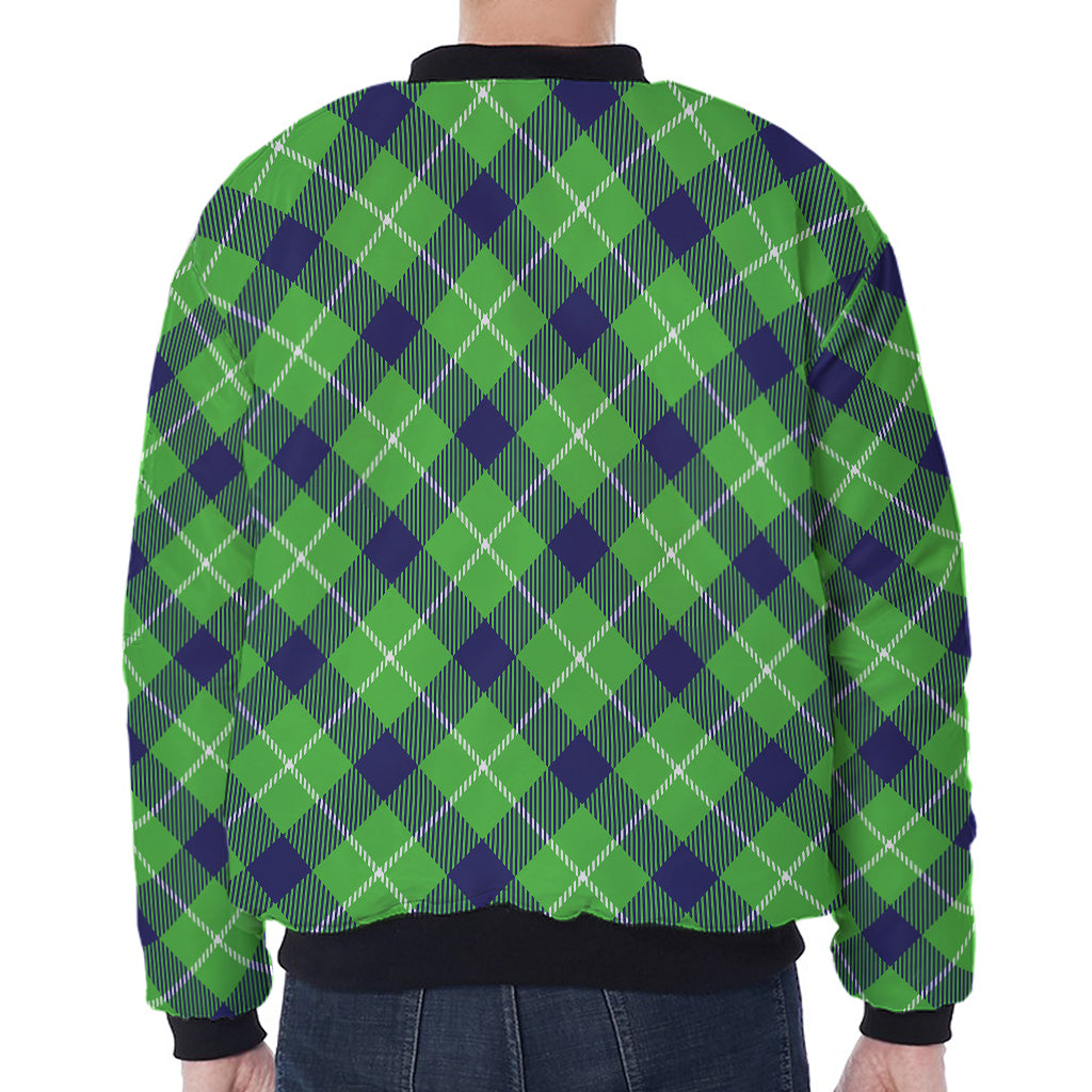 Green Blue And White Plaid Pattern Print Zip Sleeve Bomber Jacket