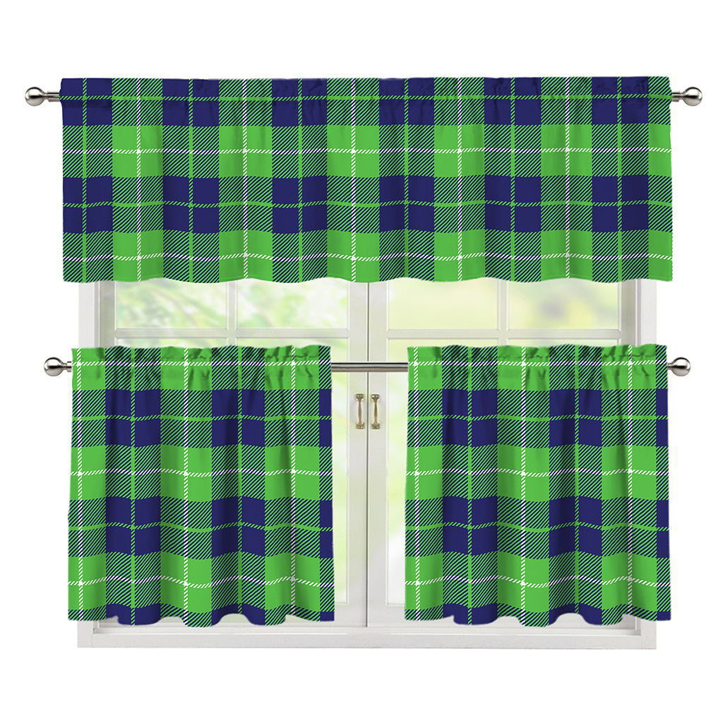 Green Blue And White Tartan Print 3 Piece Kitchen Curtains