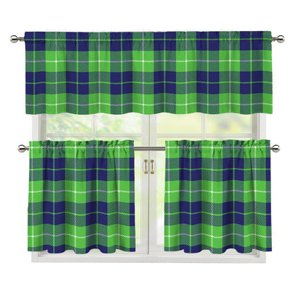 Green Blue And White Tartan Print 3 Piece Kitchen Curtains