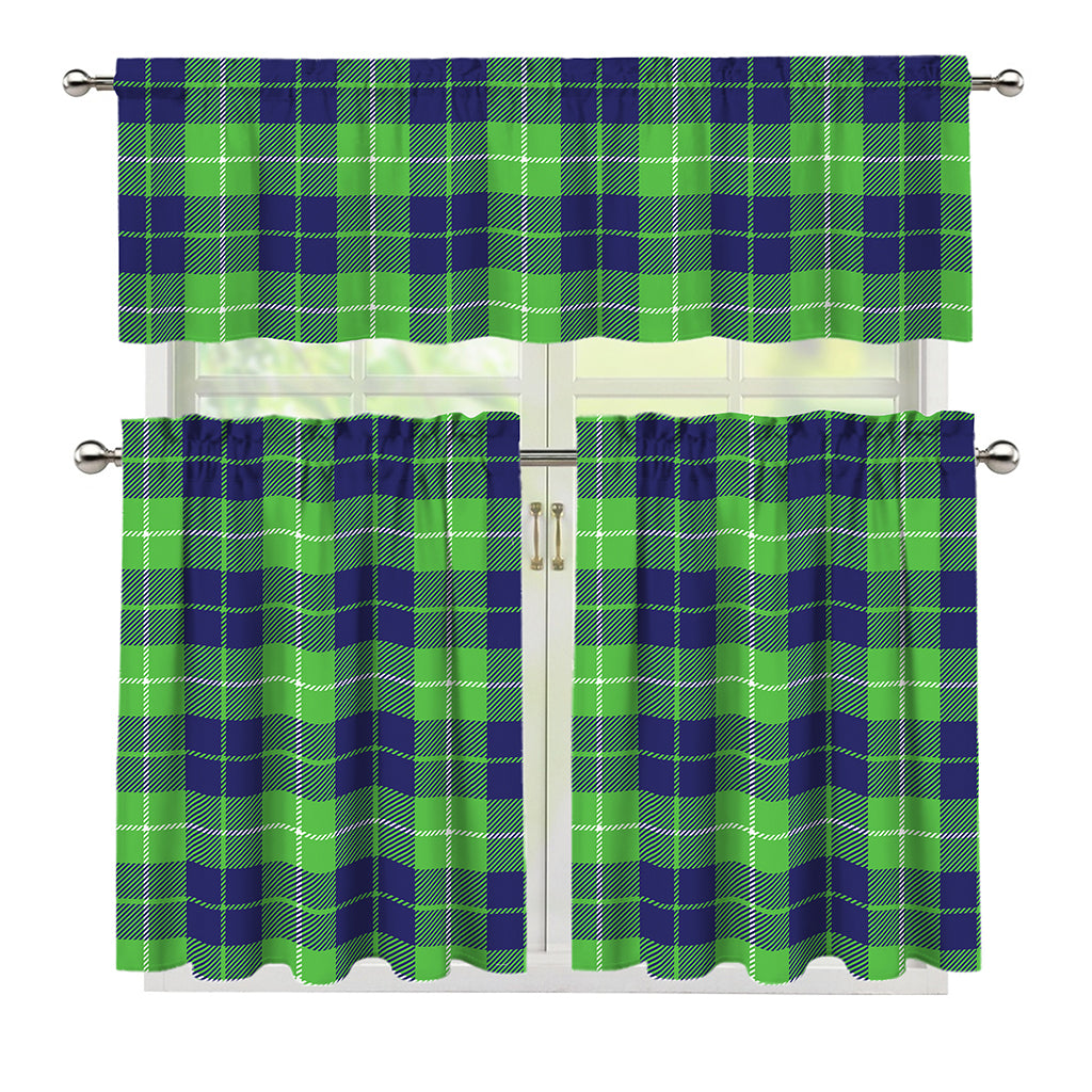 Green Blue And White Tartan Print 3 Piece Kitchen Curtains