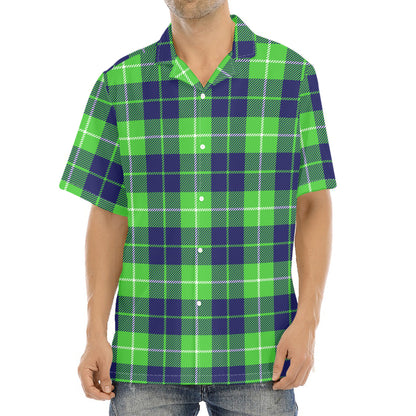 Green Blue And White Tartan Print Aloha Shirt