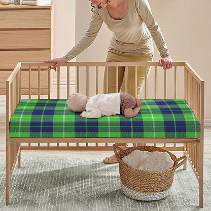 Green Blue And White Tartan Print Baby Crib Sheet