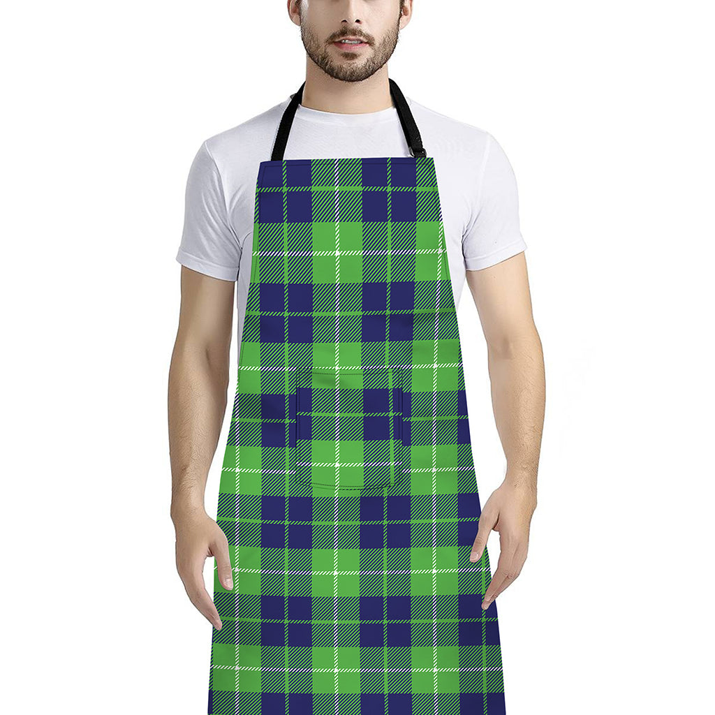 Green Blue And White Tartan Print Bib Apron With Pocket