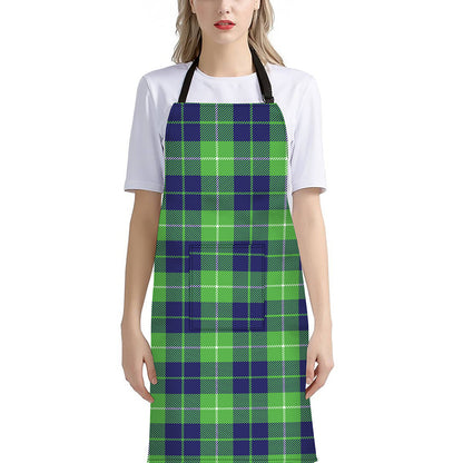 Green Blue And White Tartan Print Bib Apron With Pocket