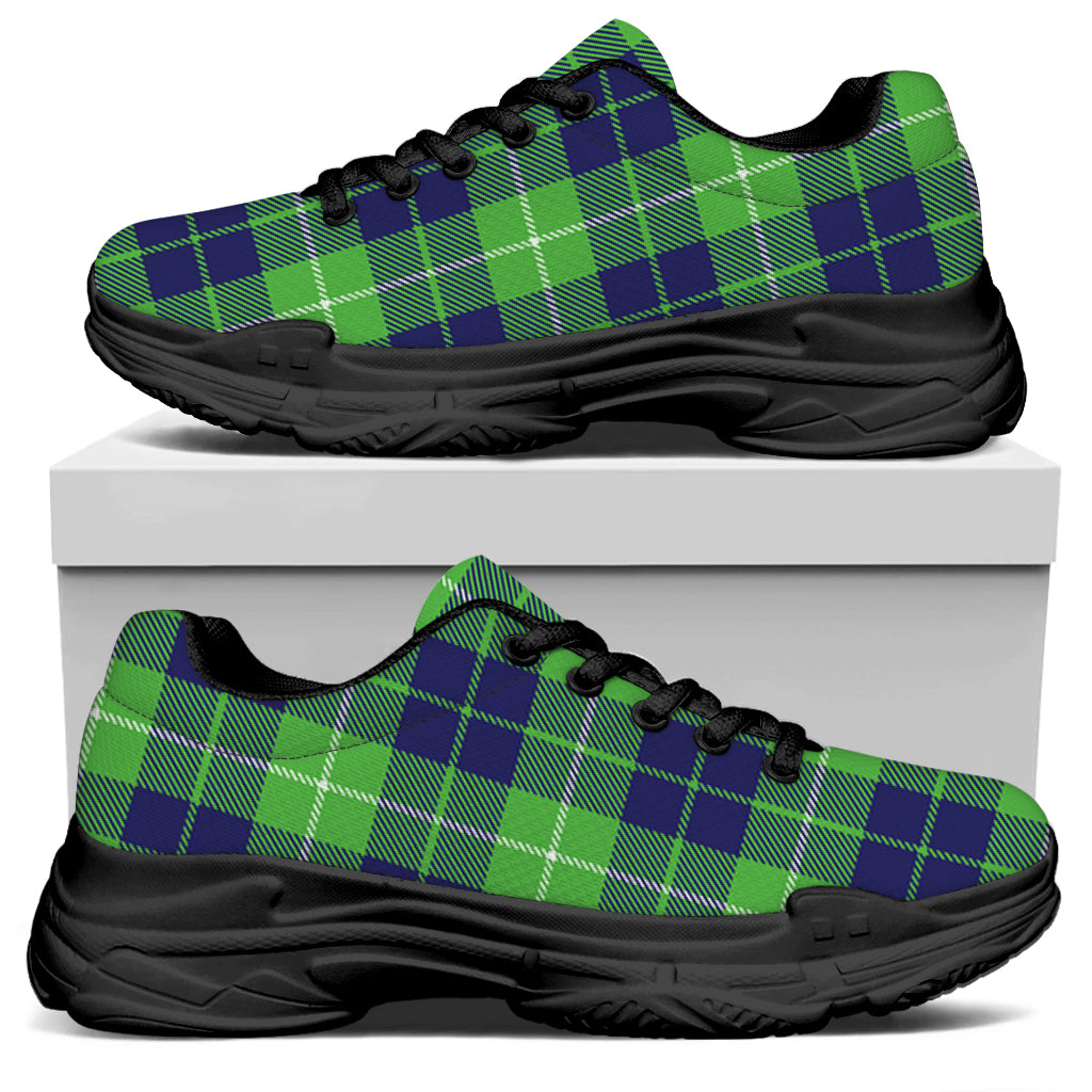Green Blue And White Tartan Print Black Chunky Shoes