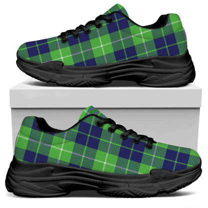 Green Blue And White Tartan Print Black Chunky Shoes