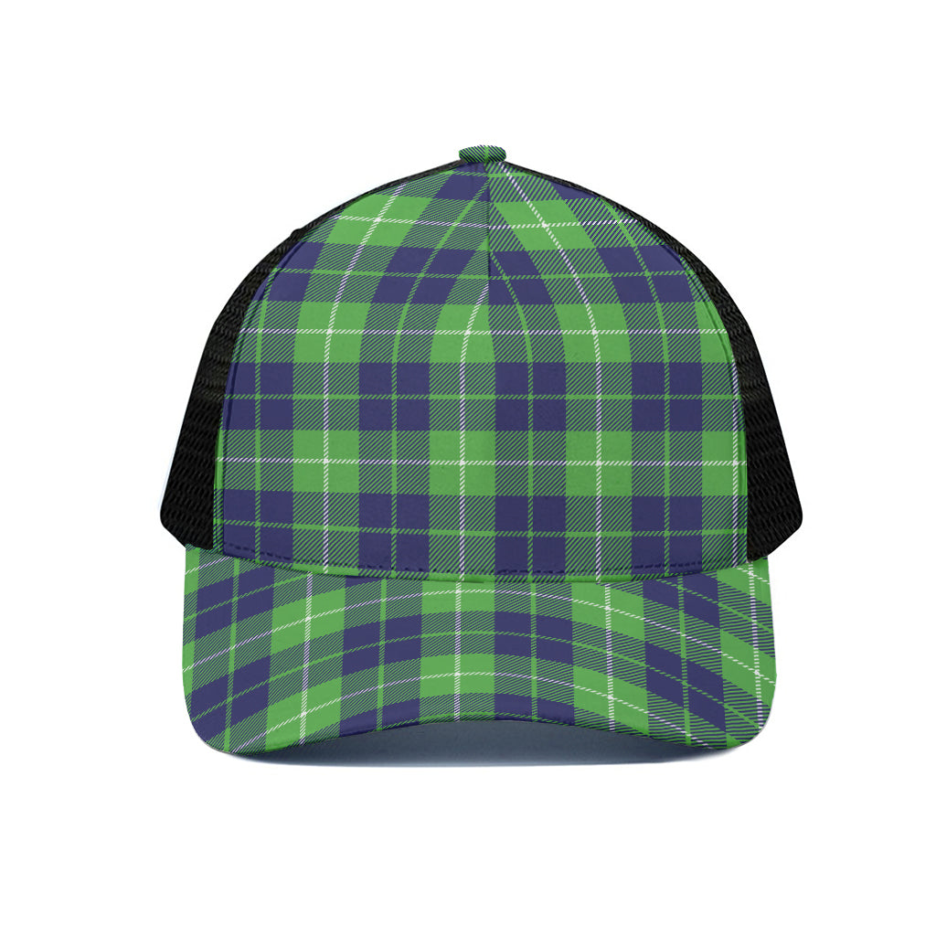 Green Blue And White Tartan Print Black Mesh Trucker Cap