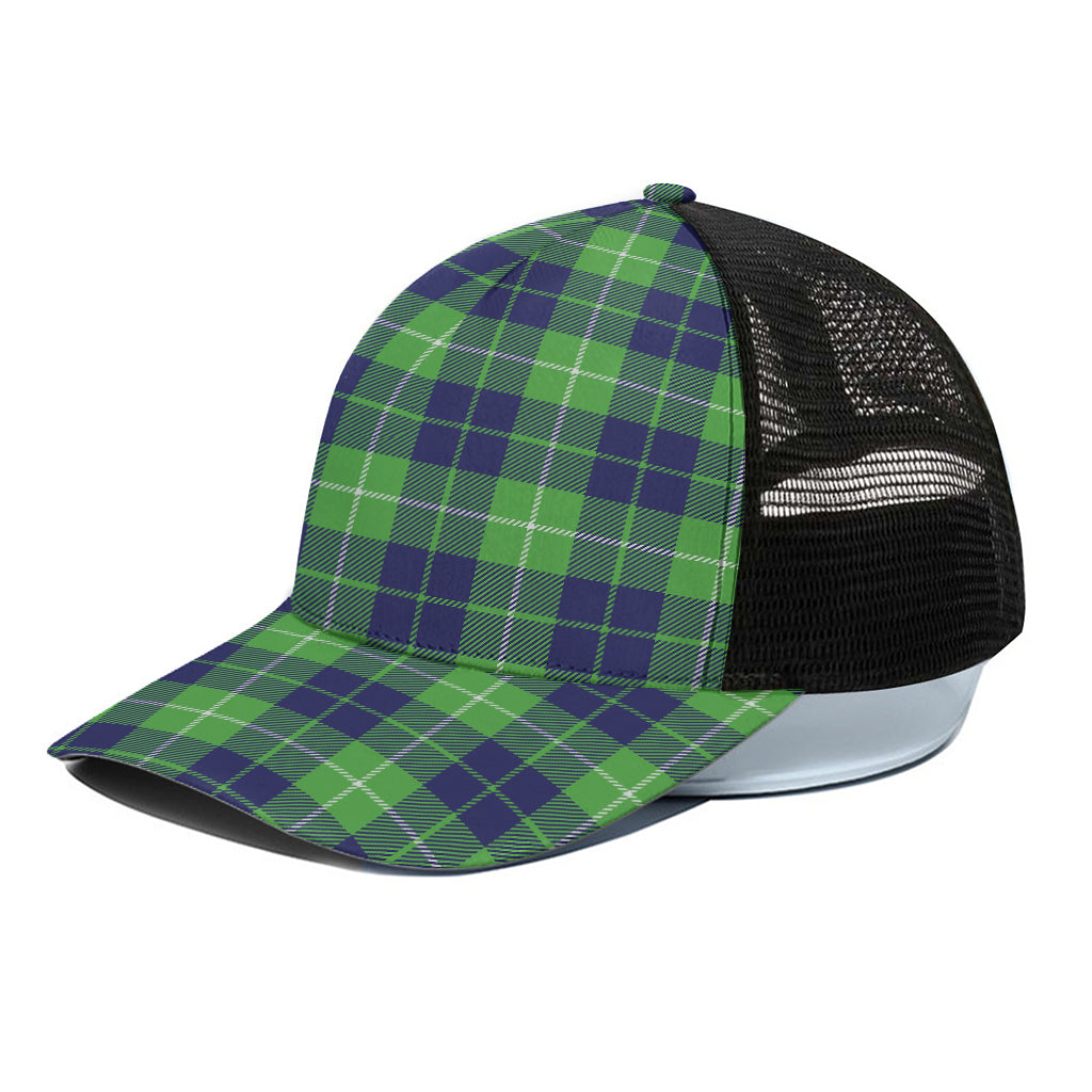 Green Blue And White Tartan Print Black Mesh Trucker Cap