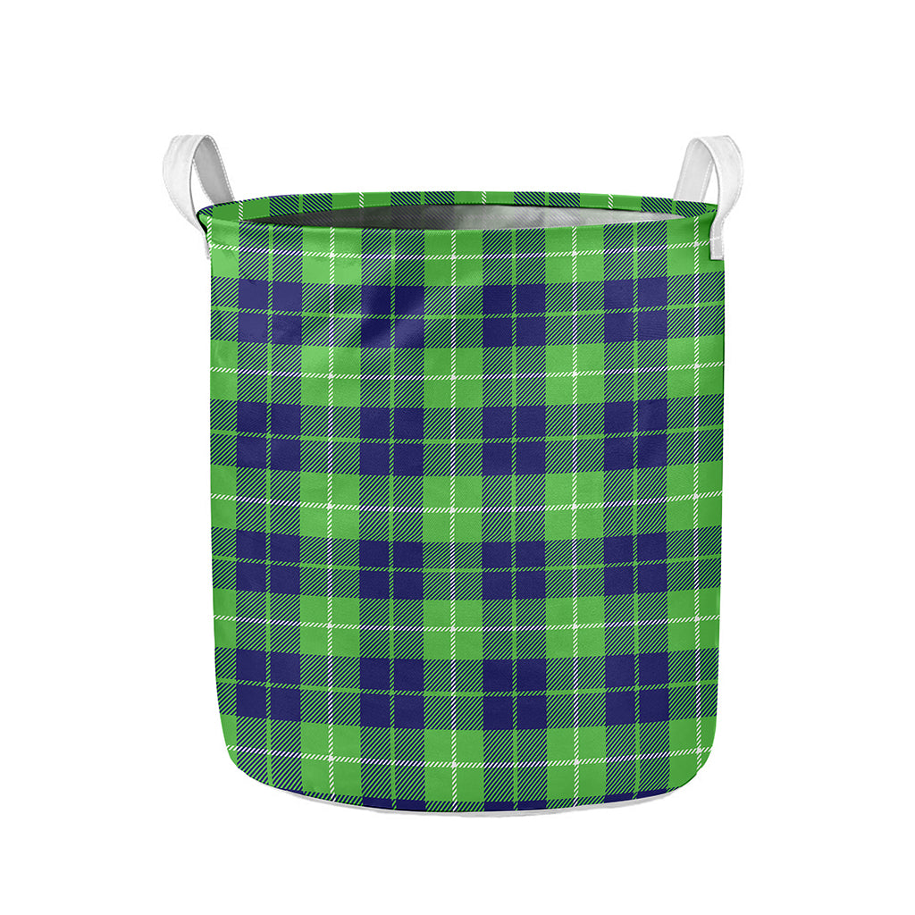 Green Blue And White Tartan Print Collapsible Laundry Basket