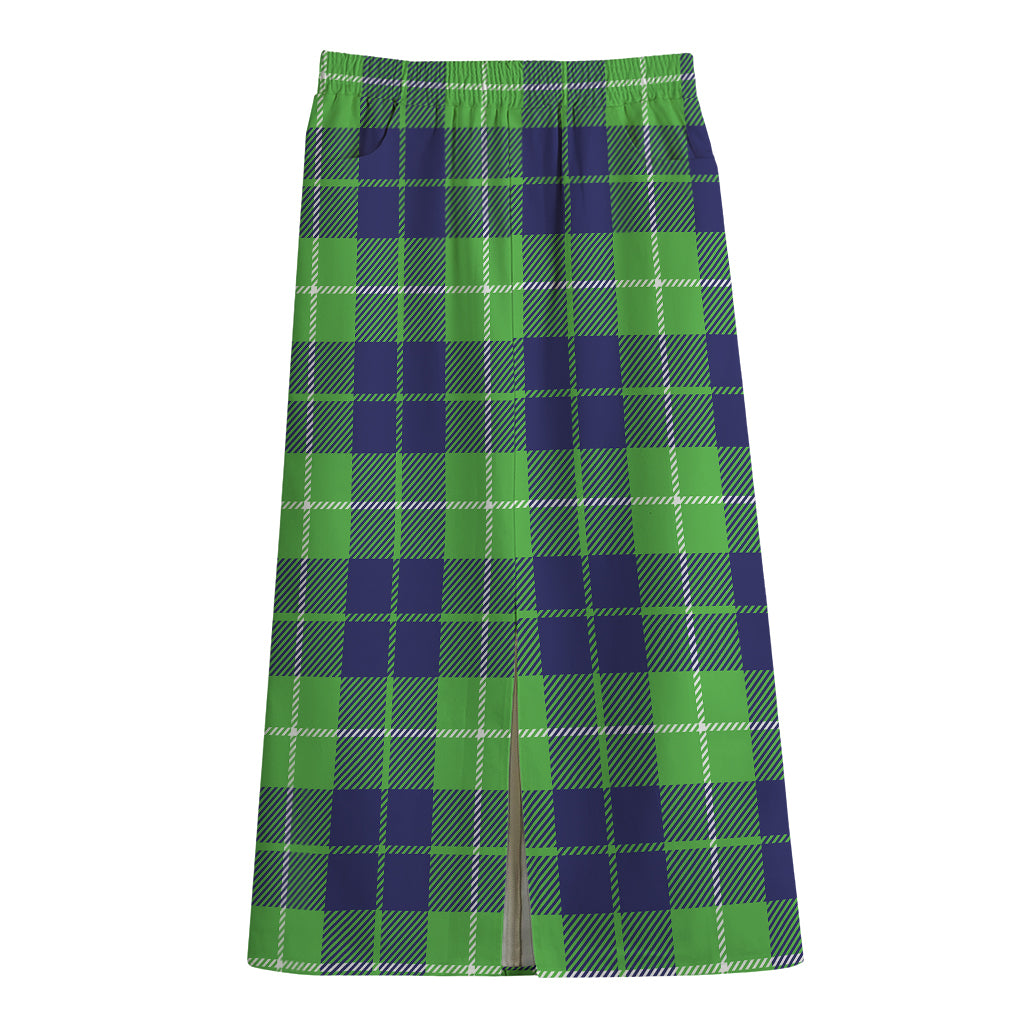 Green Blue And White Tartan Print Cotton Front Slit Maxi Skirt